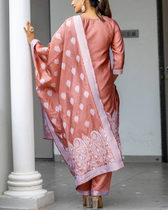 Women Silk Blend, Jacquard Kurta Pant Dupatta Set-KYAMSTORE