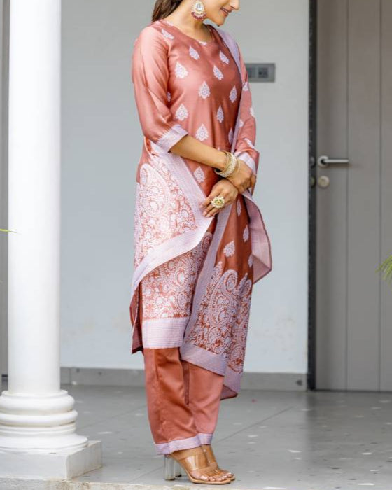 Women Silk Blend, Jacquard Kurta Pant Dupatta Set-KYAMSTORE