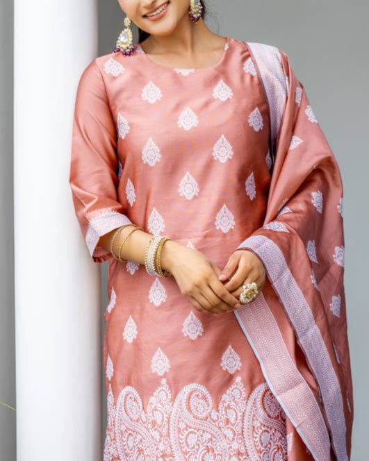 Women Silk Blend, Jacquard Kurta Pant Dupatta Set-KYAMSTORE