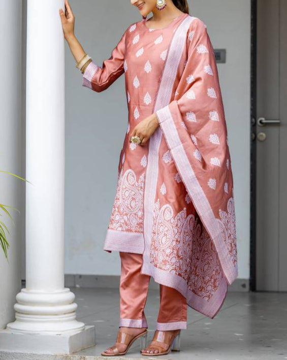 Women Silk Blend, Jacquard Kurta Pant Dupatta Set-KYAMSTORE