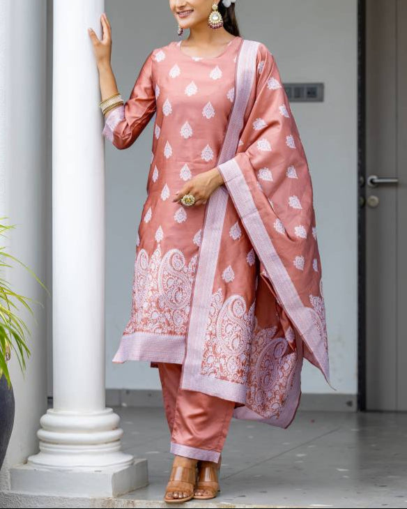 Women Silk Blend, Jacquard Kurta Pant Dupatta Set-KYAMSTORE