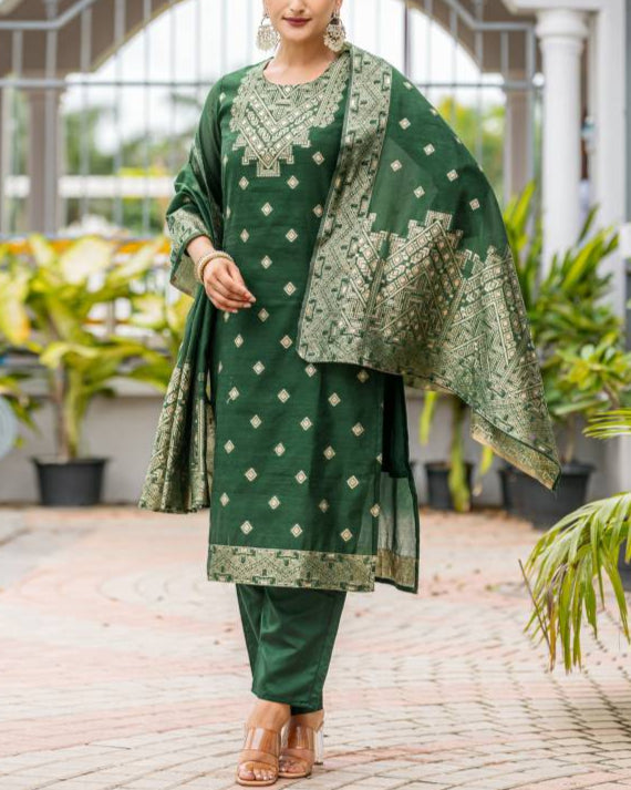 Women Silk Blend, Jacquard Kurta Pant Dupatta Set-KYAMSTORE