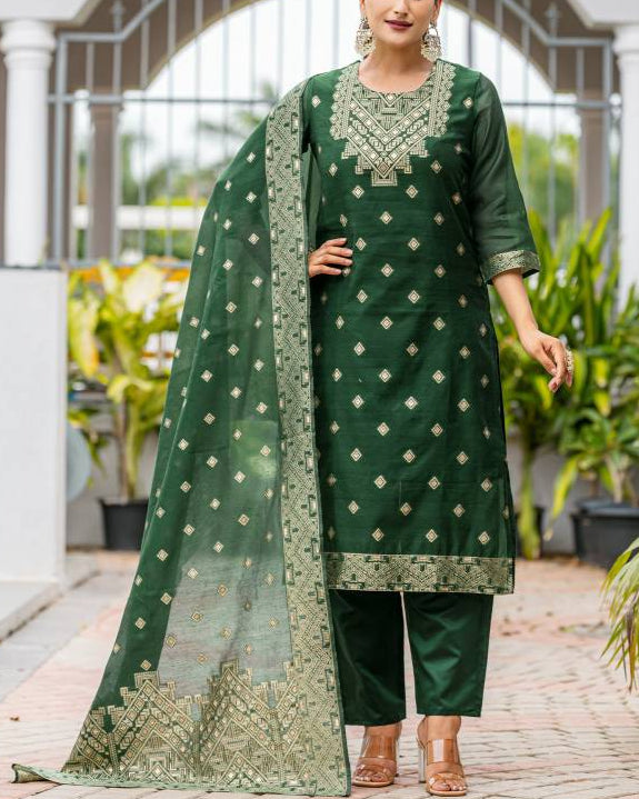 Women Silk Blend, Jacquard Kurta Pant Dupatta Set-KYAMSTORE