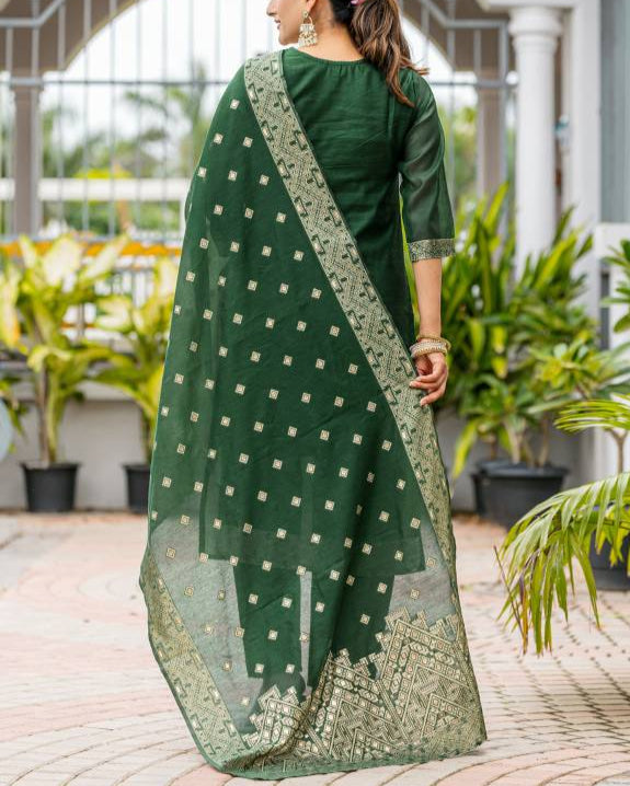 Women Silk Blend, Jacquard Kurta Pant Dupatta Set-KYAMSTORE