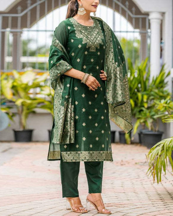 Women Silk Blend, Jacquard Kurta Pant Dupatta Set-KYAMSTORE