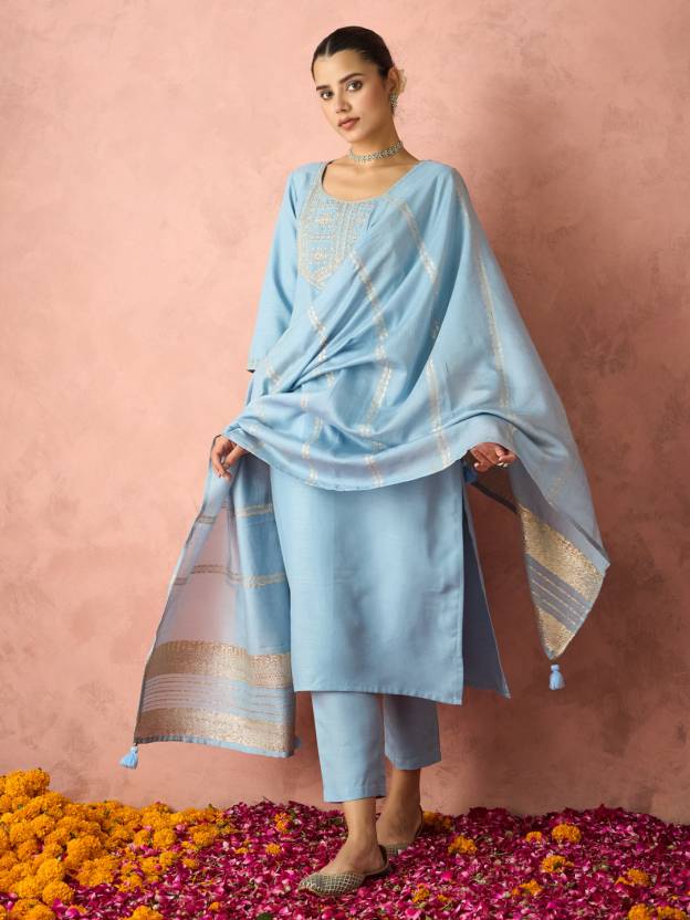 Women Cotton Blend Kurta Pant Dupatta Set
