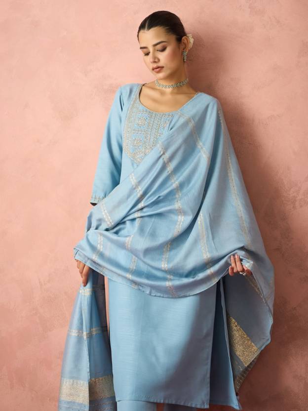 Women Cotton Blend Kurta Pant Dupatta Set