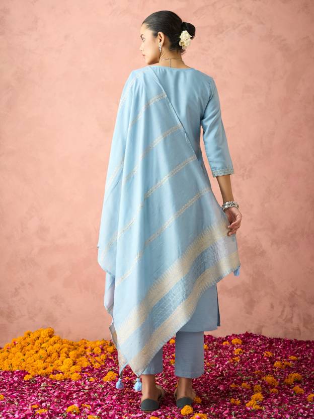 Women Cotton Blend Kurta Pant Dupatta Set