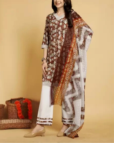 Floral Print Kurta, Palazzo & Dupatta Set-KYAMSTORE