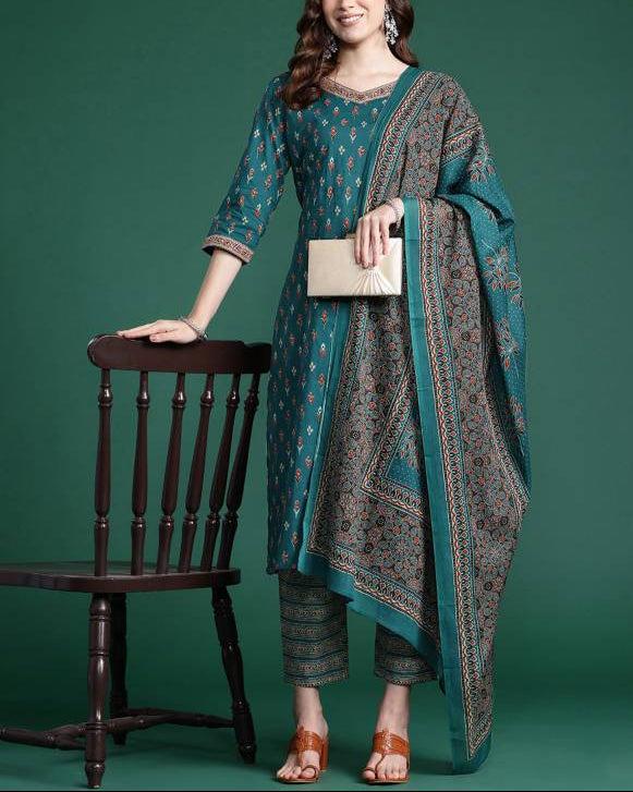 Women Pure Cotton Kurta Pant Dupatta Set-KYAMSTORE