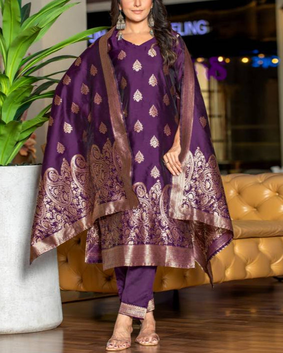 Women Silk Blend, Jacquard Kurta Pant Dupatta Set-KYAMSTORE