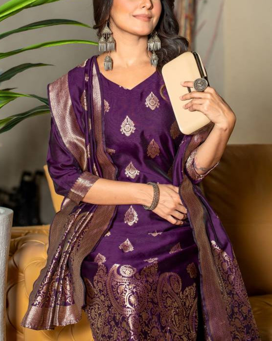 Women Silk Blend, Jacquard Kurta Pant Dupatta Set-KYAMSTORE