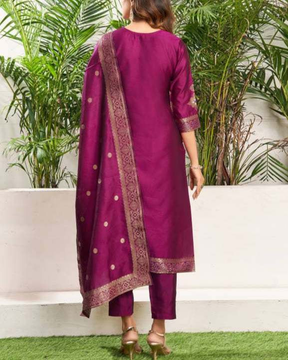 Women Jacquard, Silk Blend Kurta Pant Dupatta Set-KYAMSTORE