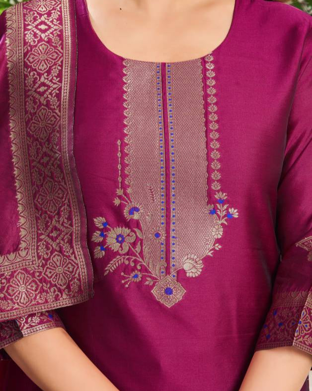Women Jacquard, Silk Blend Kurta Pant Dupatta Set-KYAMSTORE