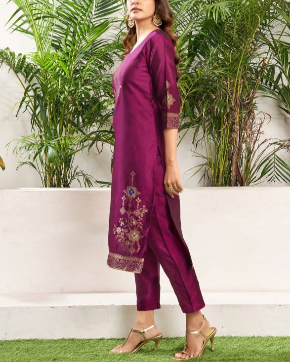 Women Jacquard, Silk Blend Kurta Pant Dupatta Set-KYAMSTORE