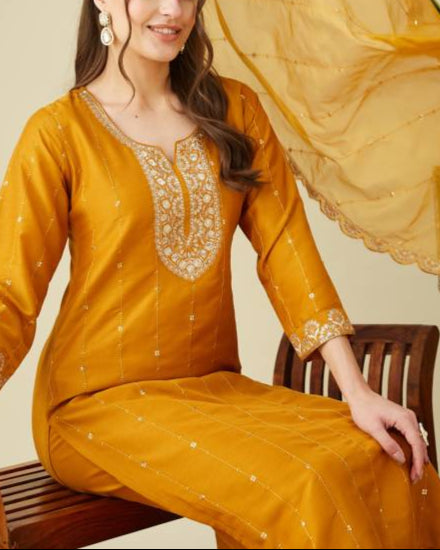 Women Muslin Kurta Pant Dupatta Set-KYAMSTORE