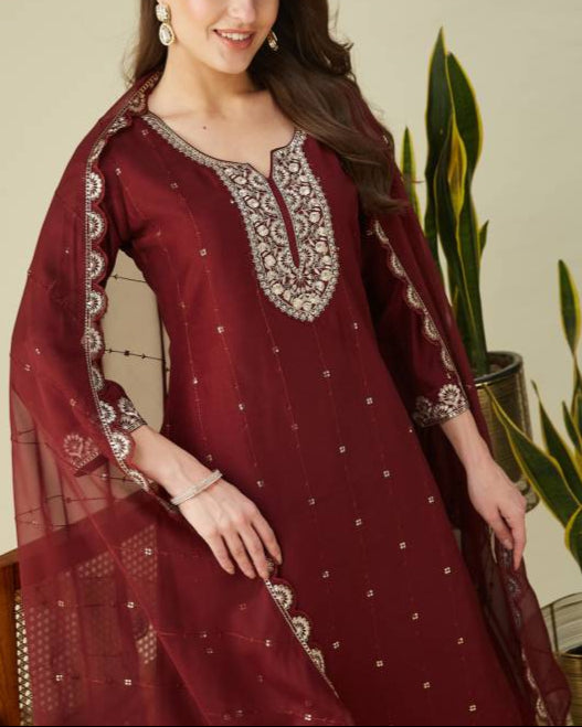 Women Muslin Kurta Pant Dupatta Set-KYAMSTORE