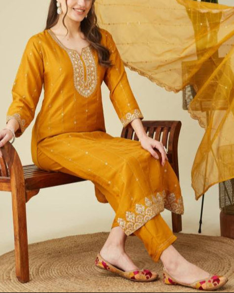 Women Muslin Kurta Pant Dupatta Set-KYAMSTORE