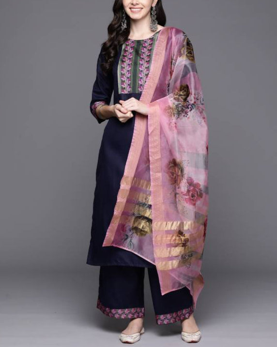 Women Cotton Blend Kurta Palazzo Dupatta Set-KYAMSTORE
