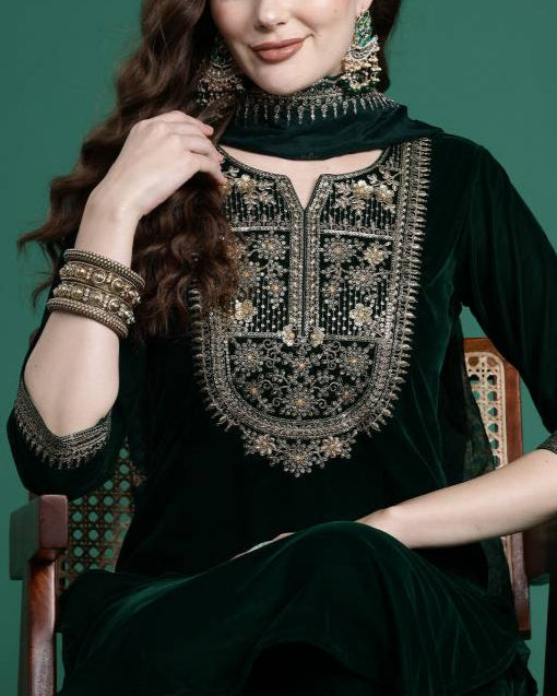 Women Velvet Kurta Pant Dupatta Set-KYAMSTORE