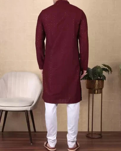 Men Paisley, Embroidered Cotton Blend Straight Kurta-KYAMSTORE