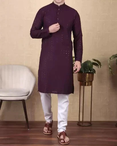 Men Paisley, Embroidered Cotton Blend Straight Kurta-KYAMSTORE