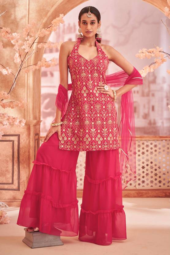 Women Georgette Kurti Sharara Dupatta Set | Delivery: 10 to 12 business days | Limited stocks available