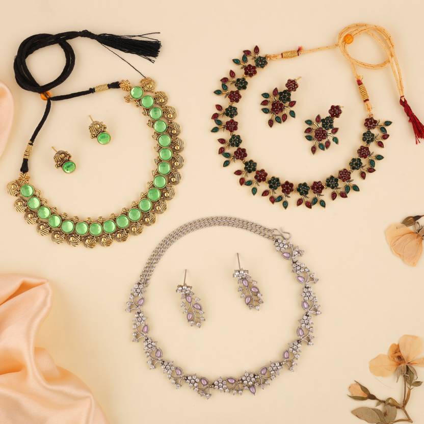 Brass Gold-plated Green, Pink, Red Jewel Set (3 Set)-KYAMSTORE