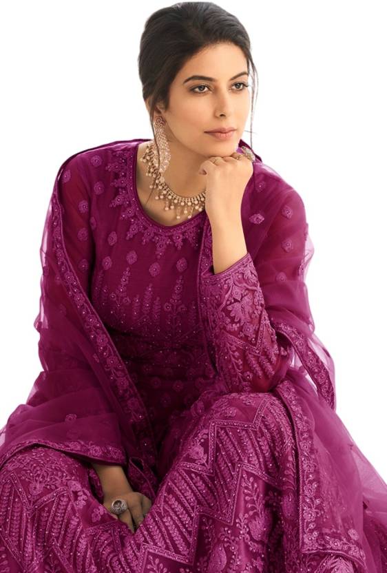 Embroidered Net Semi Stitched Flared/A-line Gown