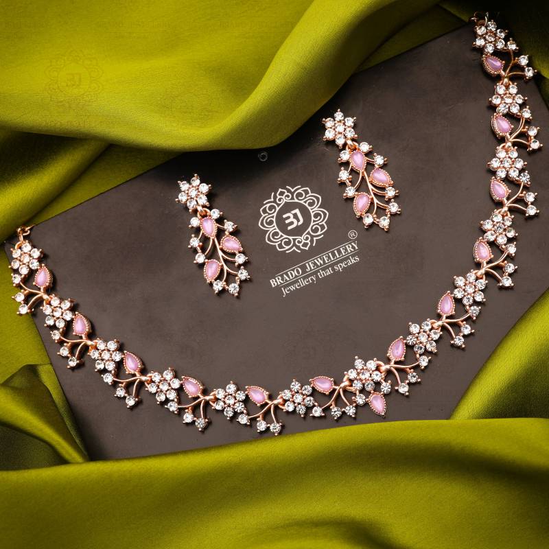 Brass, Stone, Crystal, Stainless Steel Gold-plated Pink Jewel Set (Pack of 1)-KYAMSTORE