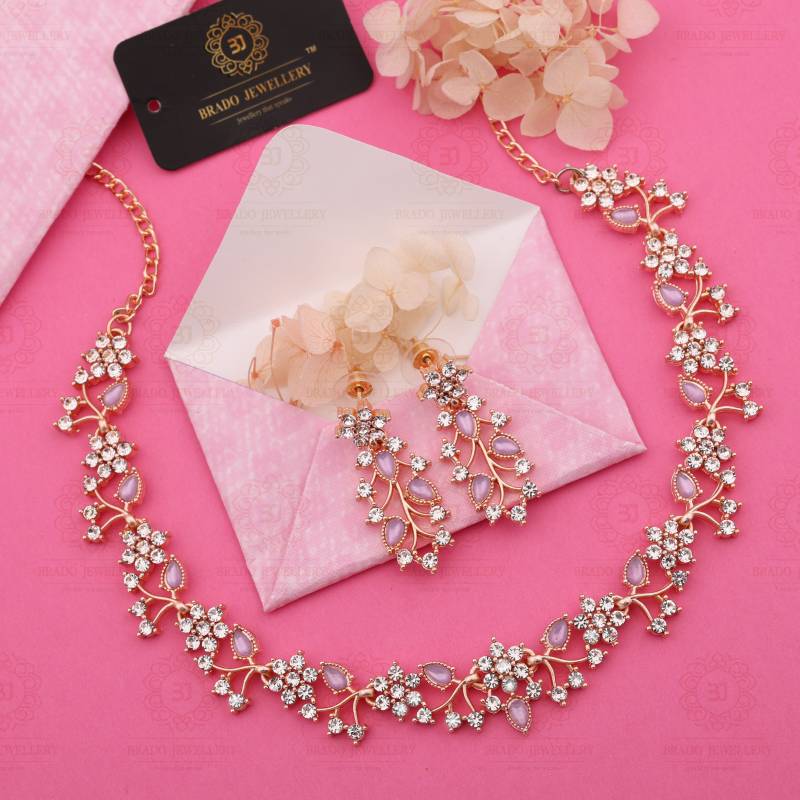 Brass, Stone, Crystal, Stainless Steel Gold-plated Pink Jewel Set (Pack of 1)-KYAMSTORE