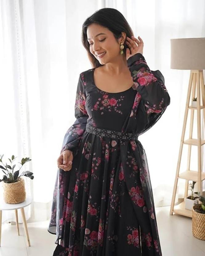 Floral Print Georgette Stitched Anarkali Gown (Black)-KYAMSTORE