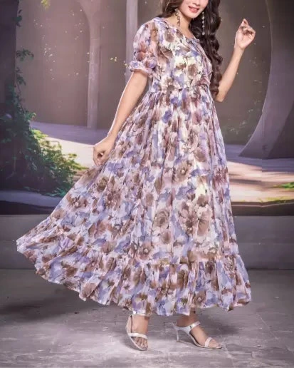 Floral Print Georgette Stitched Flared/A-line Gown-KYAMSTORE