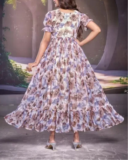 Floral Print Georgette Stitched Flared/A-line Gown-KYAMSTORE