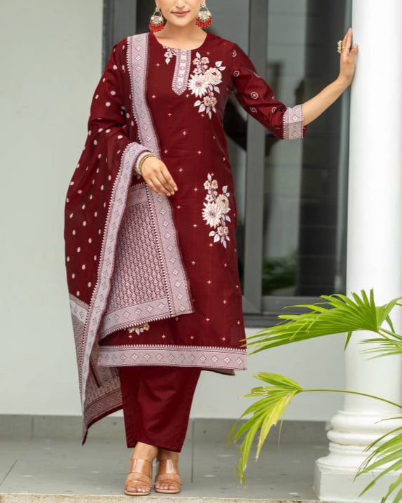 Women Silk Blend, Jacquard Kurta Pant Dupatta Set-KYAMSTORE