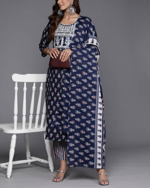 Women Cotton Blend Kurta Pant Dupatta Set-KYAMSTORE