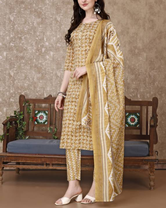 Women Cotton Blend Kurta Pant Dupatta Set-KYAMSTORE