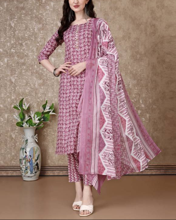Women Cotton Blend Kurta Pant Dupatta Set-KYAMSTORE