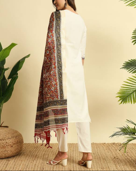 Women Khadi Cotton Kurti Pant Dupatta Set-KYAMSTORE