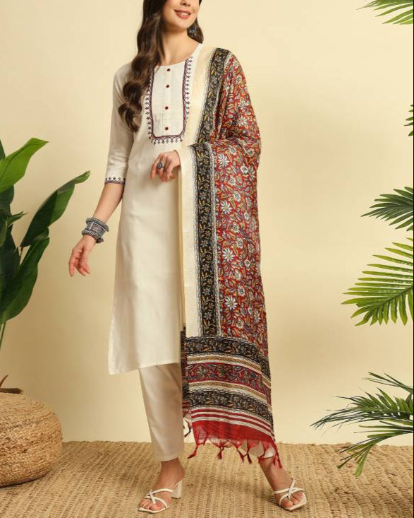 Women Khadi Cotton Kurti Pant Dupatta Set-KYAMSTORE
