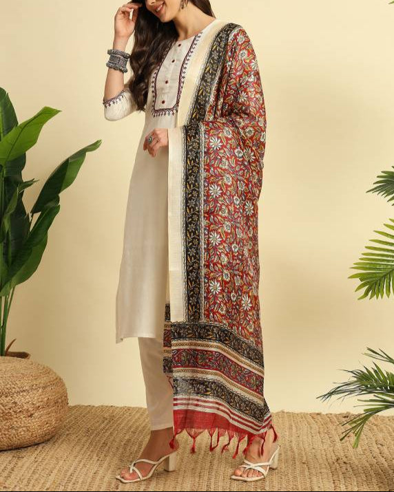 Women Khadi Cotton Kurti Pant Dupatta Set-KYAMSTORE