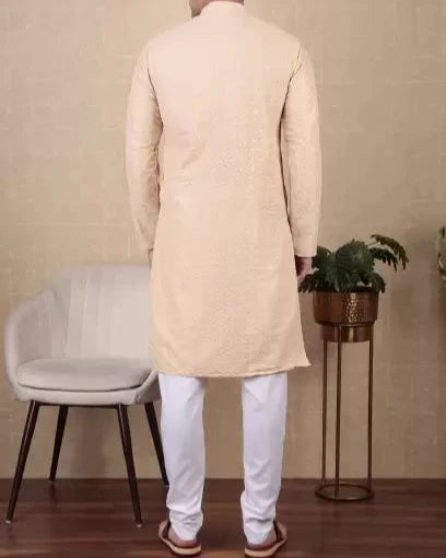 Men Paisley, Embroidered Cotton Blend Straight Kurta-KYAMSTORE