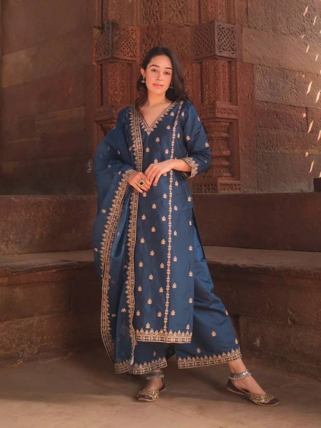 Women Chanderi Kurta Palazzo Dupatta Set