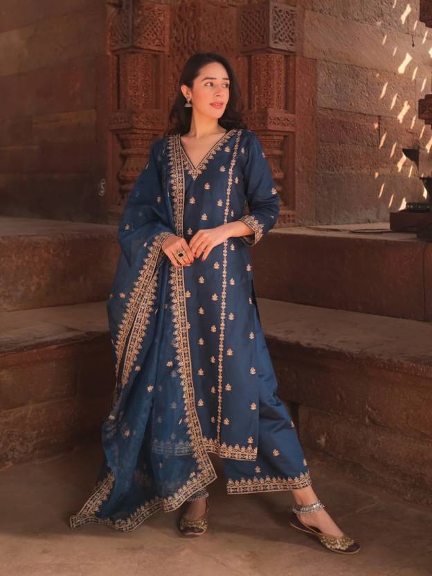 Women Chanderi Kurta Palazzo Dupatta Set