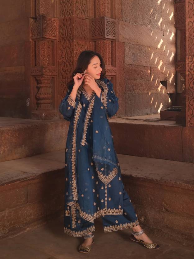 Women Chanderi Kurta Palazzo Dupatta Set