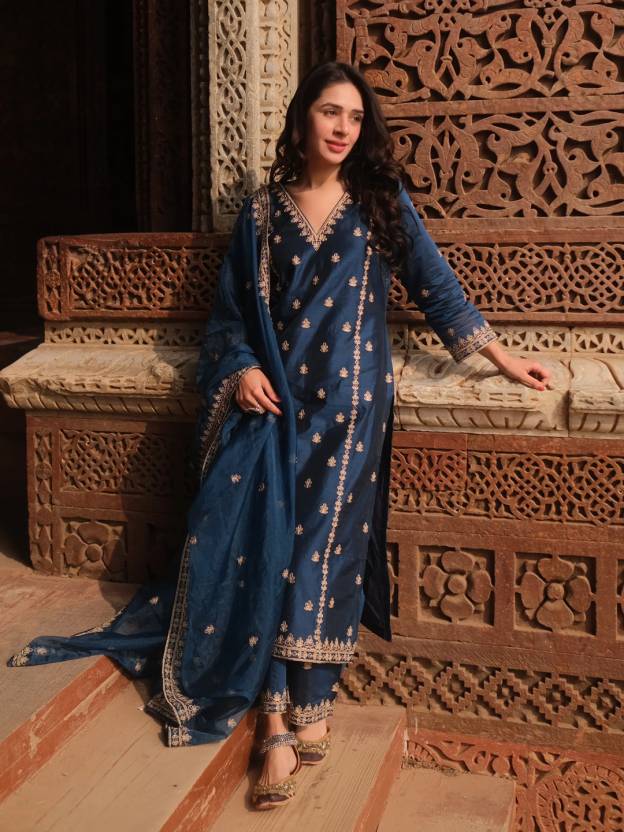 Women Chanderi Kurta Palazzo Dupatta Set