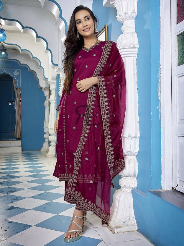Women Chanderi Kurta Palazzo Dupatta Set