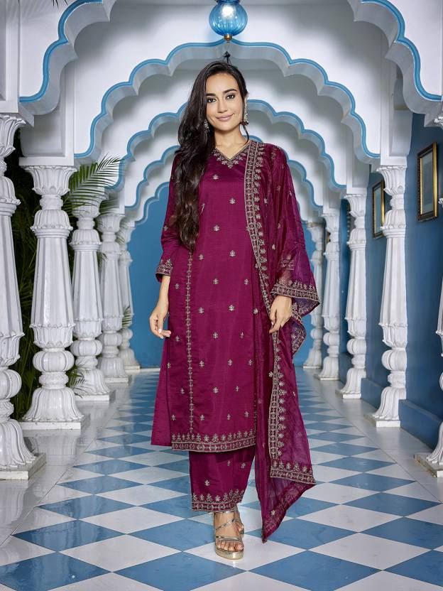 Women Chanderi Kurta Palazzo Dupatta Set