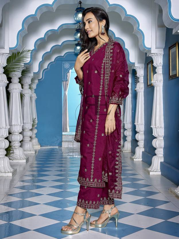 Women Chanderi Kurta Palazzo Dupatta Set