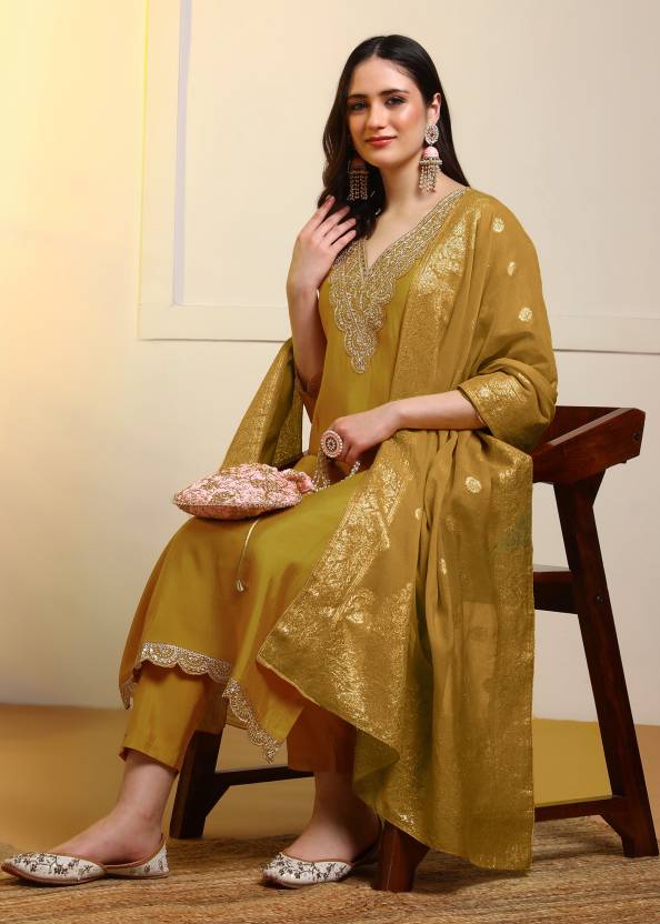 Women Pure Silk Kurti Pant Dupatta Set